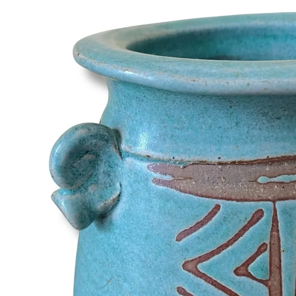 VIntage Studio Art Pottery Vase Signed Maureen Mills Blue Green Footed Base